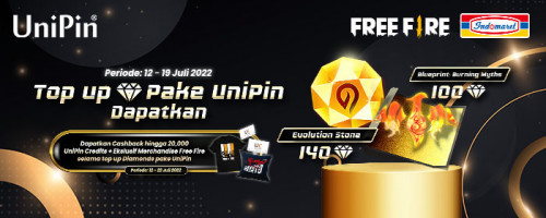 Top Up Diamonds Pake UniPin, Dapatkan Evolution Stone & Blueprint Burning Myths serta Cashback Hingga 20rb UniPin Credits + Eksklusif Merchandise Free Fire!
